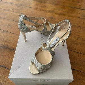Jimmy Choo Emily Glitter Crisscross 85mm Sandals in Champagne, size 7